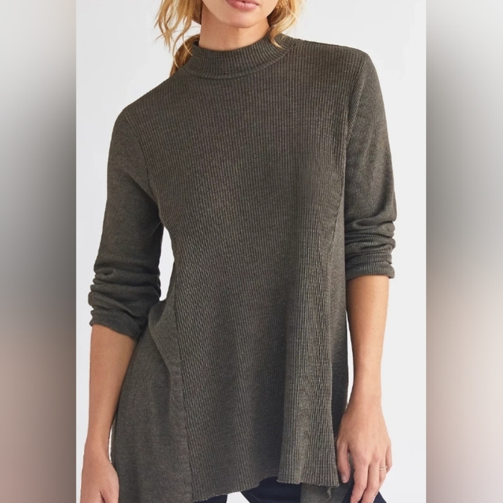 Anthropologie T. La Moss Waffle Knit Tunic XS Uneven Hem Oversized Boho Green‎